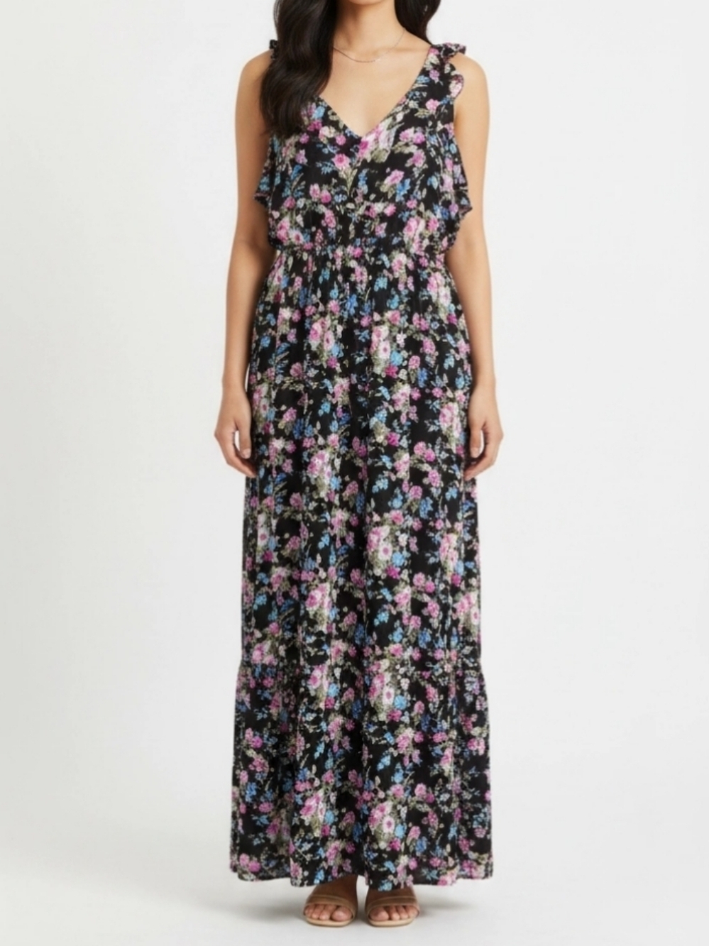 Aryn K Womens Maxi Dress Sz M Floral Ruffles Tiered Wedding Date Night